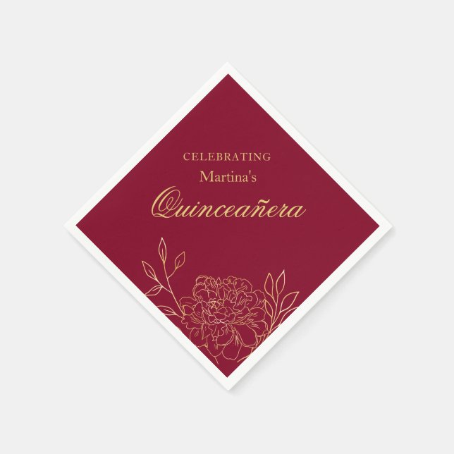Quinceanera Burgundy Gold Flowers 15th Birthday Napkin (Corner)