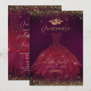Quinceanera Burgundy Gold Glitter Princess Crown Invitation