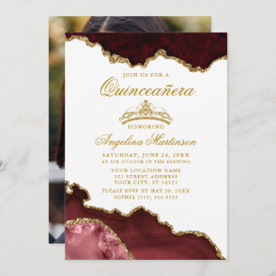 Quinceanera Burgundy Gold Marble Crown Photo Invitation