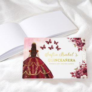 Quinceañera Burgundy Gold Princess Floral Guest Book