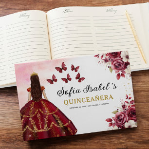 Quinceañera Burgundy Gold Princess Floral Guest Book