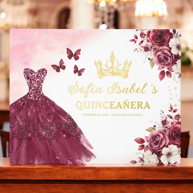 Quinceañera Burgundy Gold Princess Floral Guest Book (Creator Uploaded)