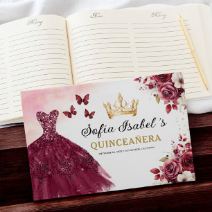 Quinceañera Burgundy Gold Princess Floral Guest Book