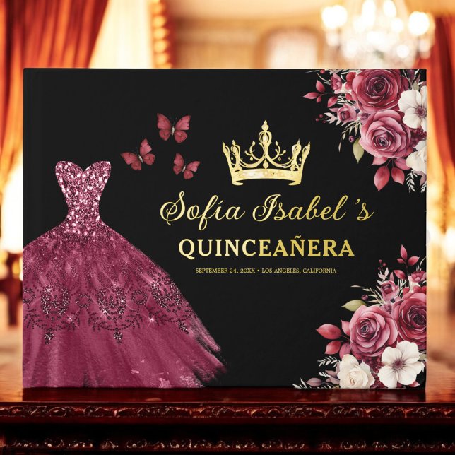 Quinceañera Burgundy Gold Princess Floral Guest Book (Creator Uploaded)