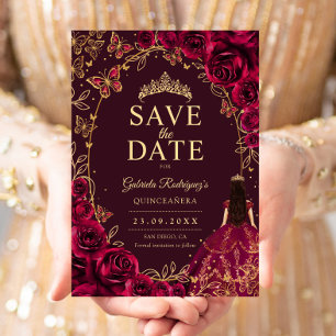 Quinceanera Burgundy Gold Save The Date