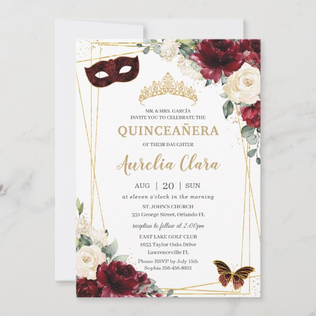 Quinceañera Burgundy Ivory Floral Butterflies Mask Invitation (Front)