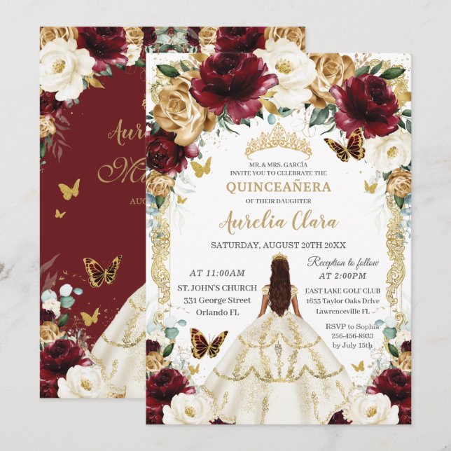 Quinceañera Burgundy Ivory Gold Floral Girl Dress Invitation (Front/Back)