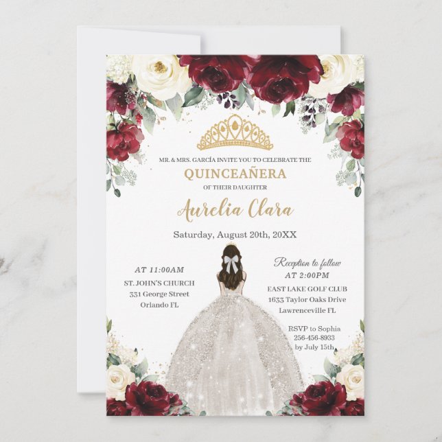 Quinceañera Burgundy Ivory White Floral Princess Invitation (Front)