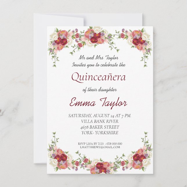 Quinceañera Burgundy Peony Floral Birthday  Invitation (Front)