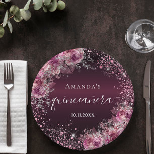 Quinceanera burgundy pink floral name script paper plate