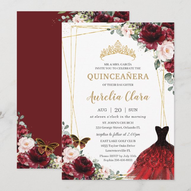 Quinceañera Burgundy Pink Floral Princess Gown  Invitation (Front/Back)