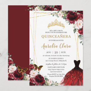 Quinceañera Burgundy Pink Floral Princess Gown  Invitation