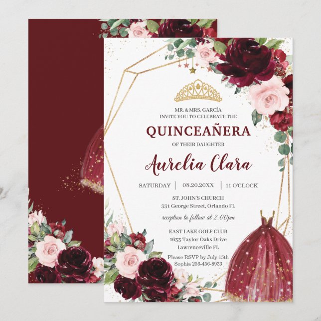 Quinceañera Burgundy Pink Floral Roses Ball Gown Invitation (Front/Back)