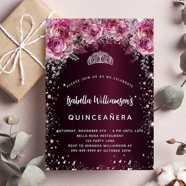 Quinceanera burgundy pink floral tiara luxury invitation (Creator Uploaded)
