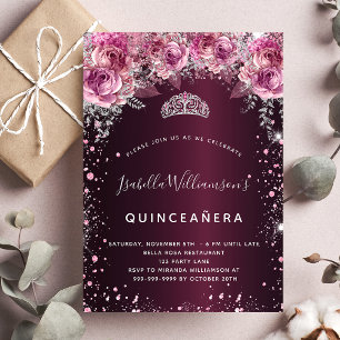Quinceanera burgundy pink glitter floral tiara invitation