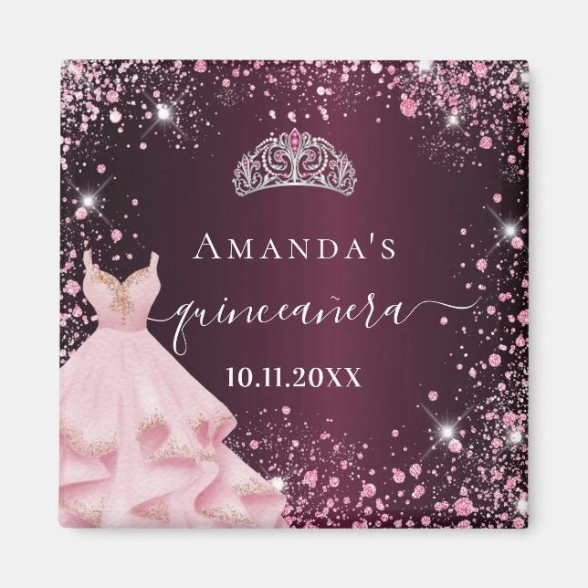 Quinceanera burgundy pink tiara dress glitter magnet (Front)