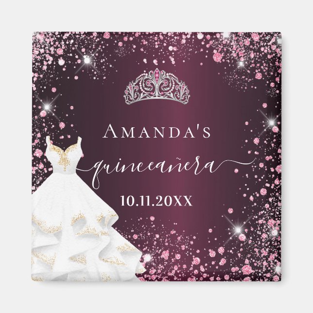 Quinceanera burgundy pink tiara dress name magnet (Front)