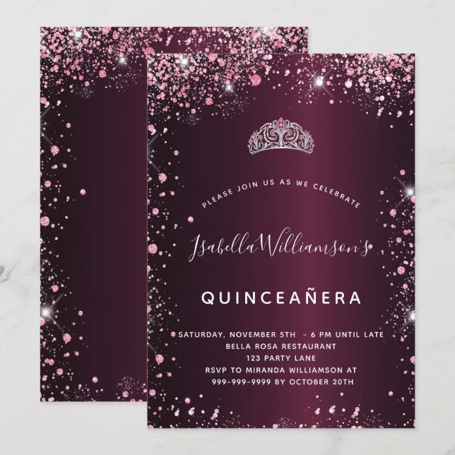 Quinceanera burgundy pink tiara glitter invitation (Front/Back)