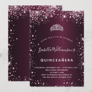 Quinceanera burgundy pink tiara glitter invitation