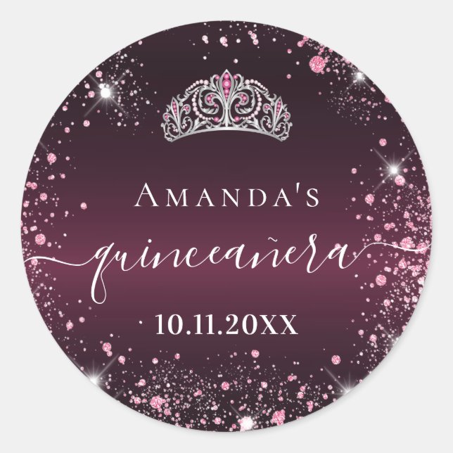 Quinceanera burgundy pink tiara name script classic round sticker (Front)