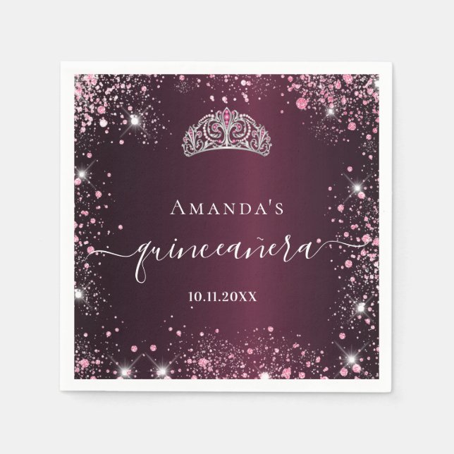 Quinceanera burgundy pink tiara name script napkin (Front)