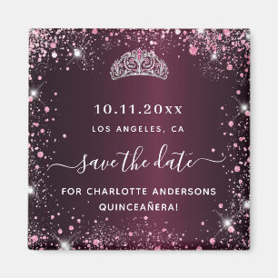 Quinceanera burgundy pink tiara save the date magnet