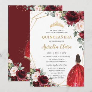 Quinceañera Burgundy Red Blush Floral Princess  Invitation