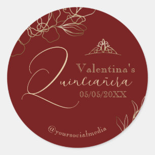 Quinceañera Burgundy Red Floral Classic Round Sticker