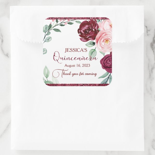 Quinceanera Burgundy Red Floral Glitter Sticker (Bag)