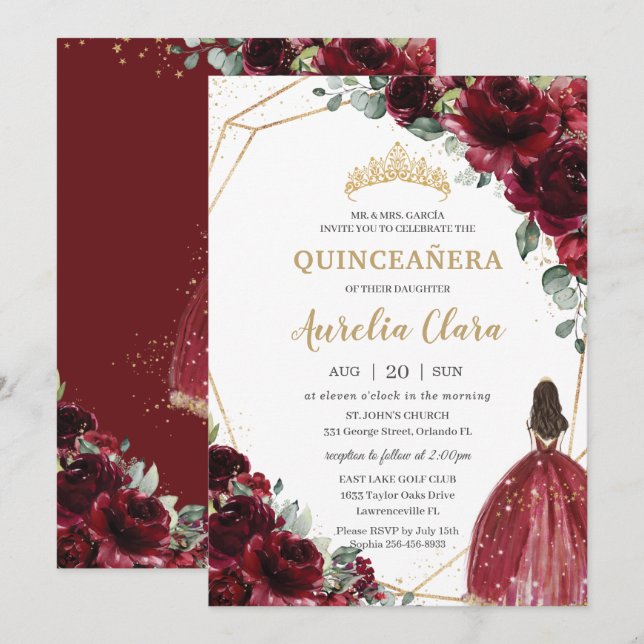 Quinceañera Burgundy Red Floral Gold Princess  Invitation (Front/Back)