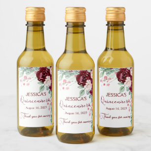 Quinceanera Burgundy Red Floral Mini Wine Label