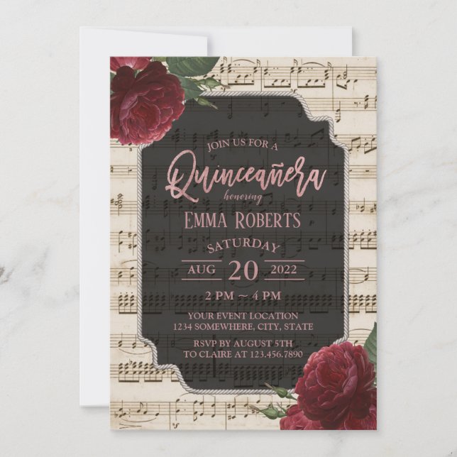Quinceanera Burgundy Red Floral Music Birthday Invitation (Front)