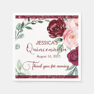 Quinceanera Burgundy Red Floral Paper Napkin
