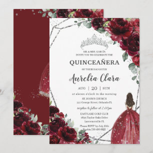 Quinceañera Burgundy Red Floral Silver Princess  Invitation