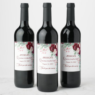 Quinceanera Burgundy Red Glitter Floral Wine Label