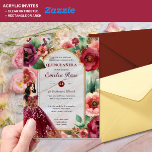 Quinceañera Burgundy Red Gold Quince Dress Flowers Acrylic Invitations