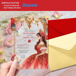 Quinceañera Burgundy Red Gold Quince Dress Flowers Acrylic Invitations