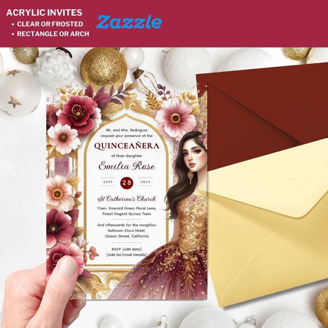 Quinceañera Burgundy Red Gold Quince Dress Flowers Acrylic Invitations (Creator Uploaded)