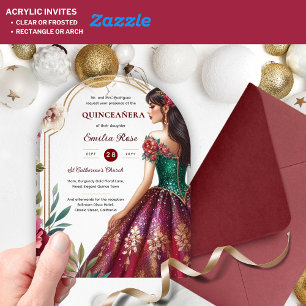 Quinceañera Burgundy Red Green Gold Dress Quince Acrylic Invitations