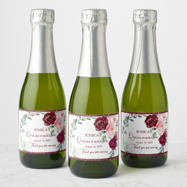 Quinceanera Burgundy Red Mini Sparkling Wine Label (Bottles)