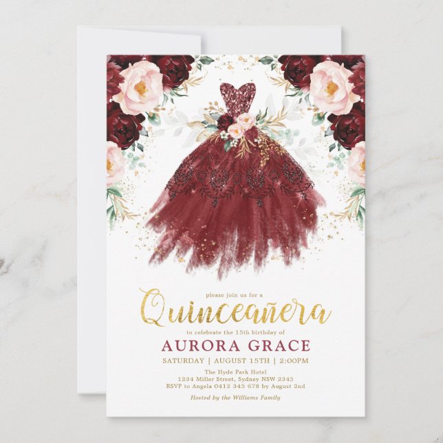 Quinceañera Burgundy Rose Flower Princess Birthday Invitation (Front)