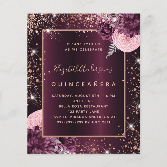 Quinceanera burgundy rose gold budget invitation flyer (Front)