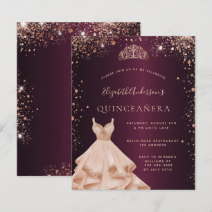 Quinceanera burgundy rose gold dress invitation