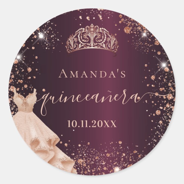 Quinceanera burgundy rose gold dress name script classic round sticker (Front)