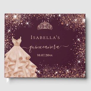 Quinceanera burgundy rose gold dress tiara name guest book