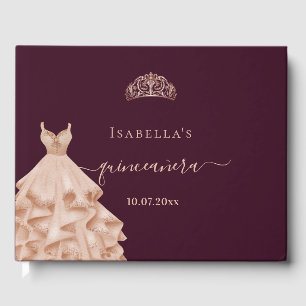Quinceanera burgundy rose gold dress tiara name guest book