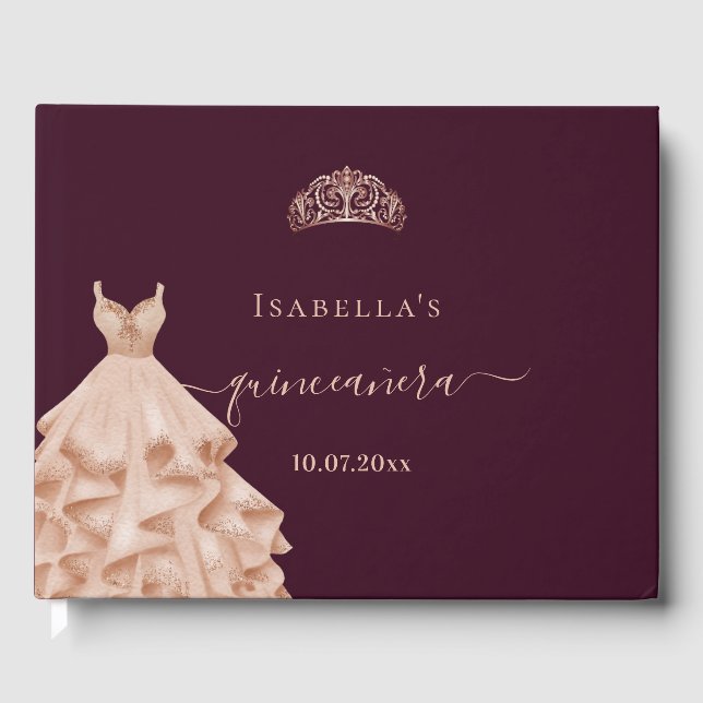 Quinceanera burgundy rose gold dress tiara name guest book (Front)