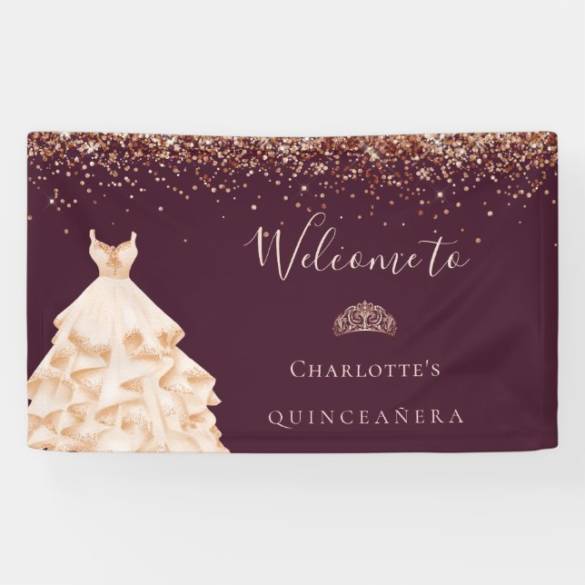 Quinceanera burgundy rose gold glitter dust  banner (Horizontal)