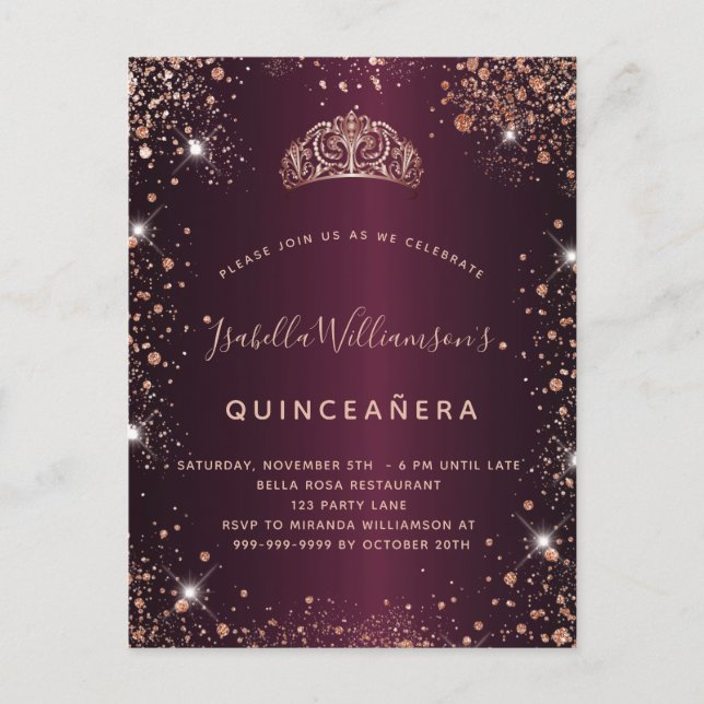 Quinceanera burgundy rose gold glitter dust tiara invitation postcard (Front)