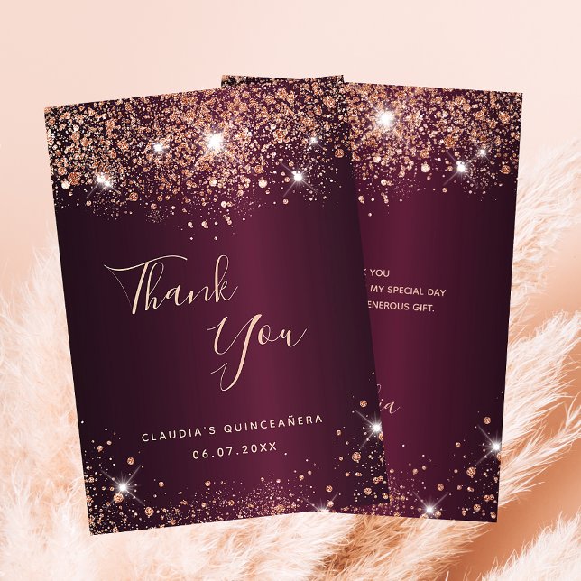 Quinceanera burgundy rose gold name thank you card (Creator Uploaded)